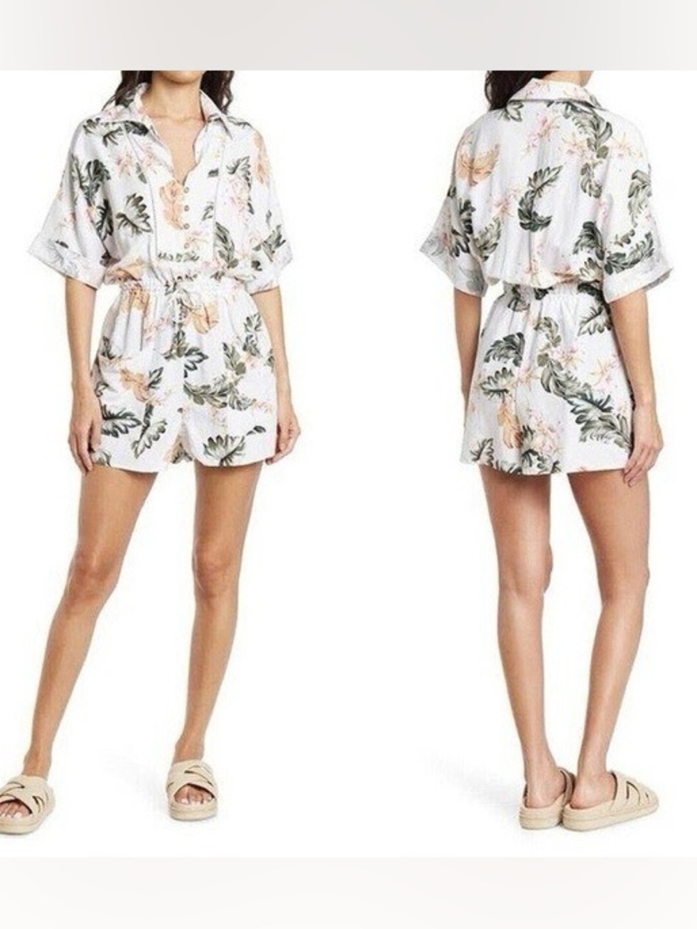 Blank NYC White Linen Floral Short Romper with Green Leaves and Pink Blooms